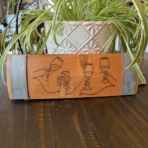 Wine Barrel Stave Wall Decor Continuous Line Art Hands Holding Wine Glasses 15"
